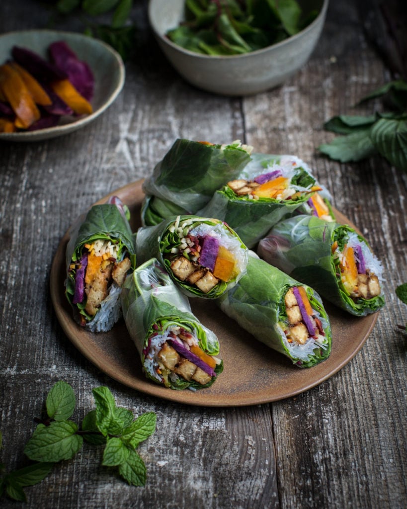 Apricot glazed tempeh in a spring roll.