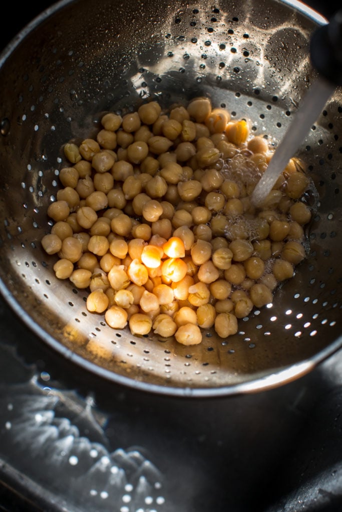 Chickpeas rinsed in a strainer