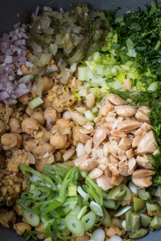 Key ingredients in a bowl for Chickpea Avocado Salad