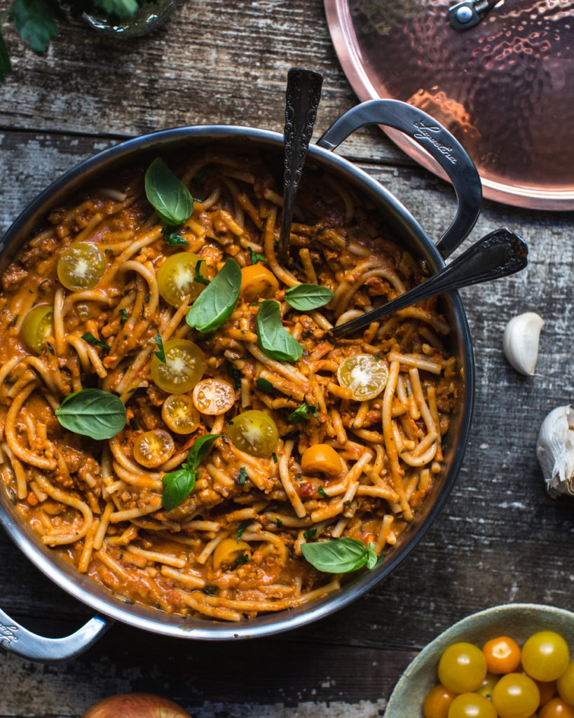 This one-pot pasta bolognese is incredibly delicious and satisfying. Bolognese is a traditional Italian meat sauce cooked with wine and some heavy cream.