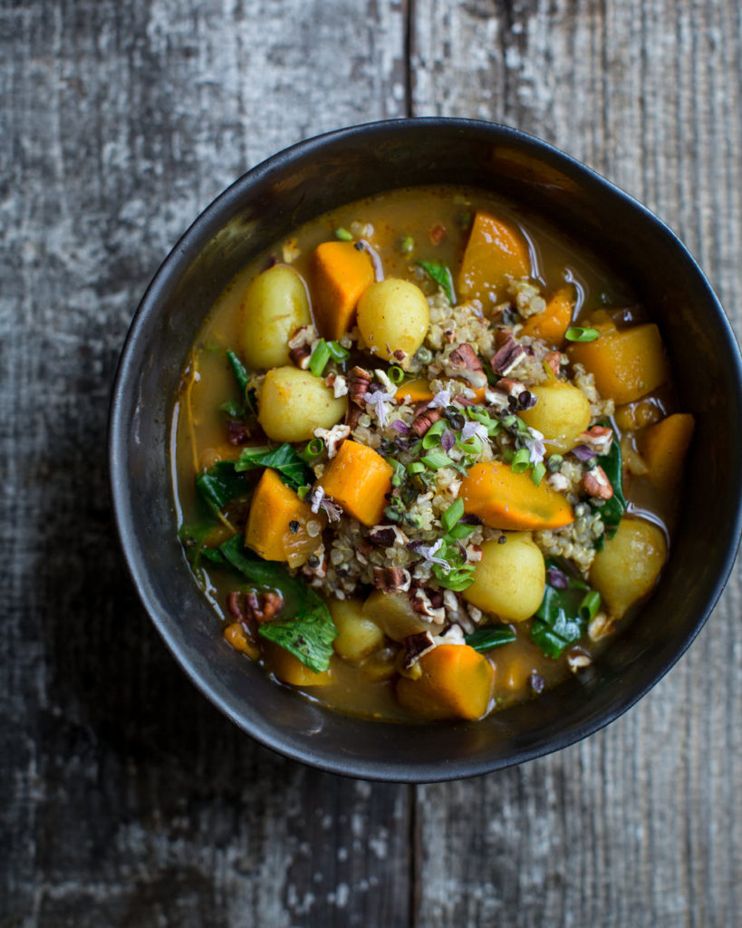 This autumnal stew recipe is quintessential fall. It’s loaded with curried root vegetables like beets, radishes, turnips, winter squash, and sweet potatoes.