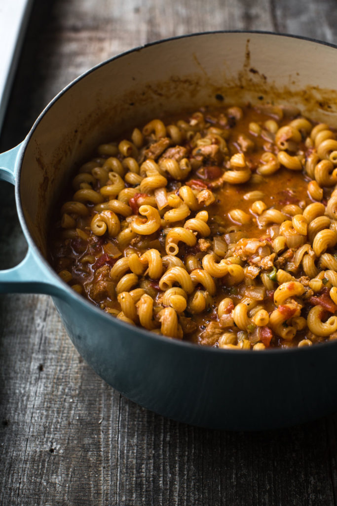 Large pot filled with vegan hamburger helper