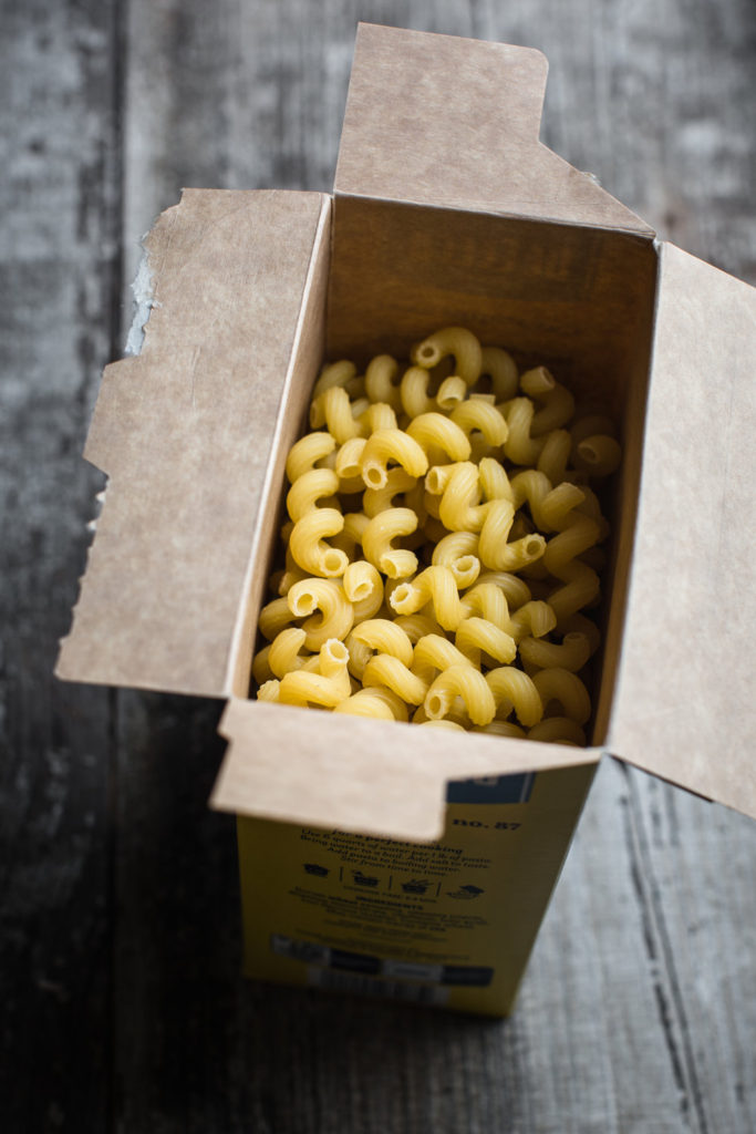 Top view of an open box of noodles