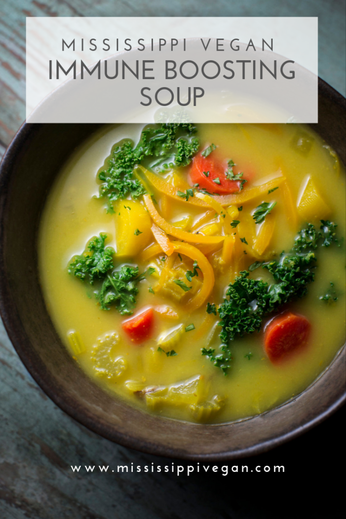 This immune boosting soup has a wholesome, brothy, filled with spicy ginger and large chunks of vegetables floating in a golden turmeric broth.