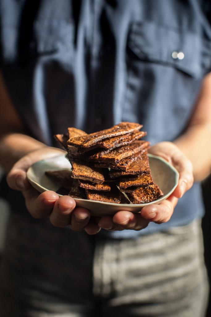 Plate with tall stack of tofu bacon