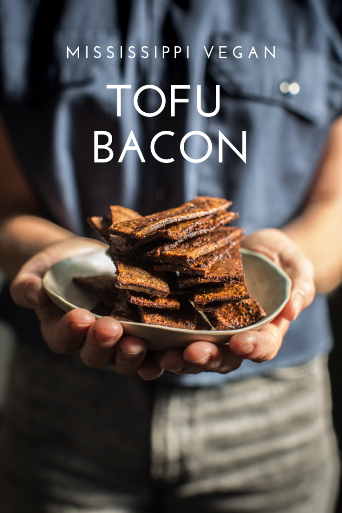 Stack of tofu bacon on a plate
