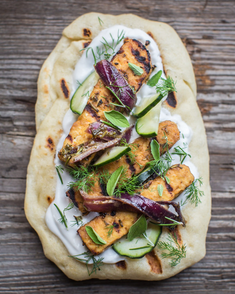 grilled rosemary tempeh flatbread