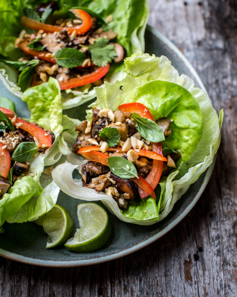 shiitake eggplant lettuce wraps, summer dish, light, refreshing