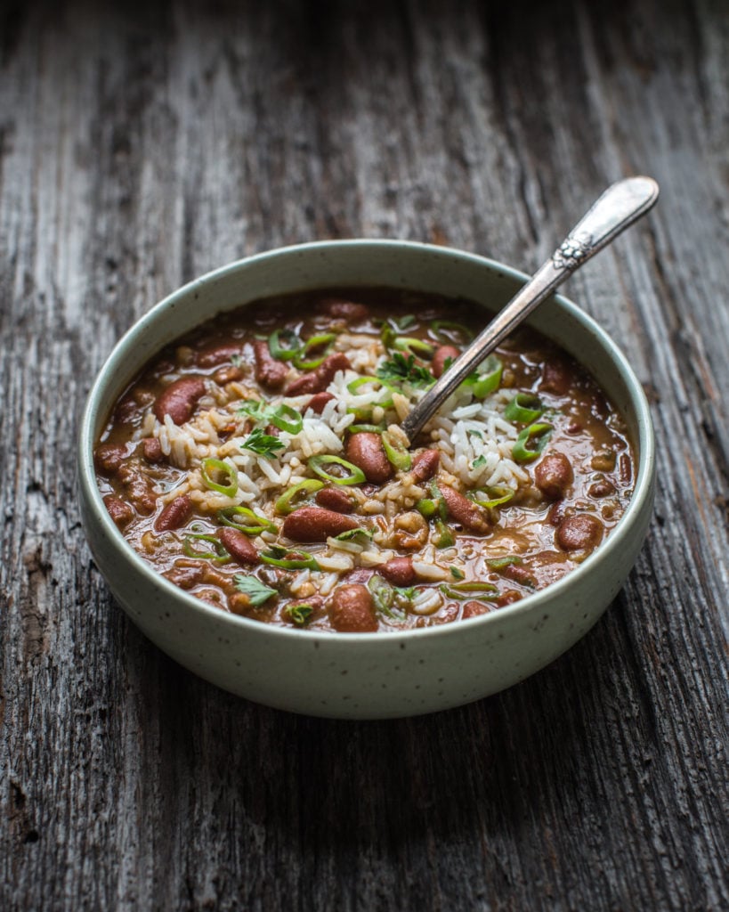 serving red beans and rice, green onions, stew 