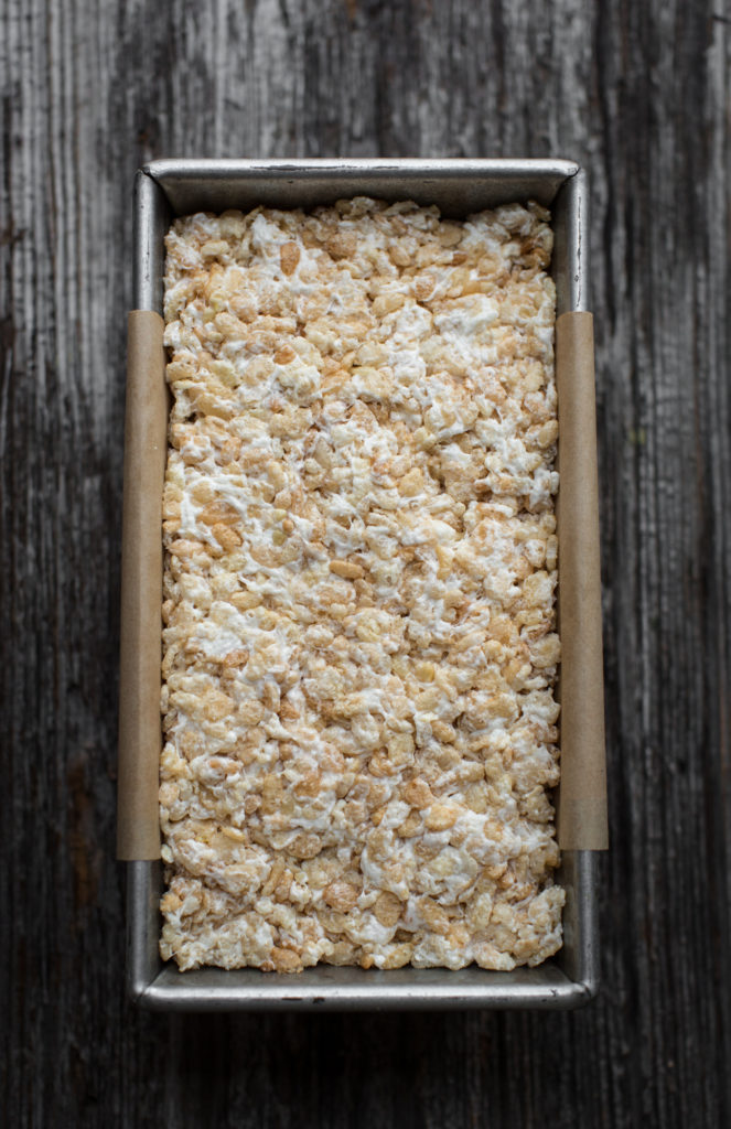 Baking pan filled with rice krispie treats