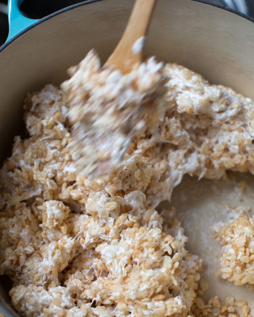 mixing bowl of rice krispie treats