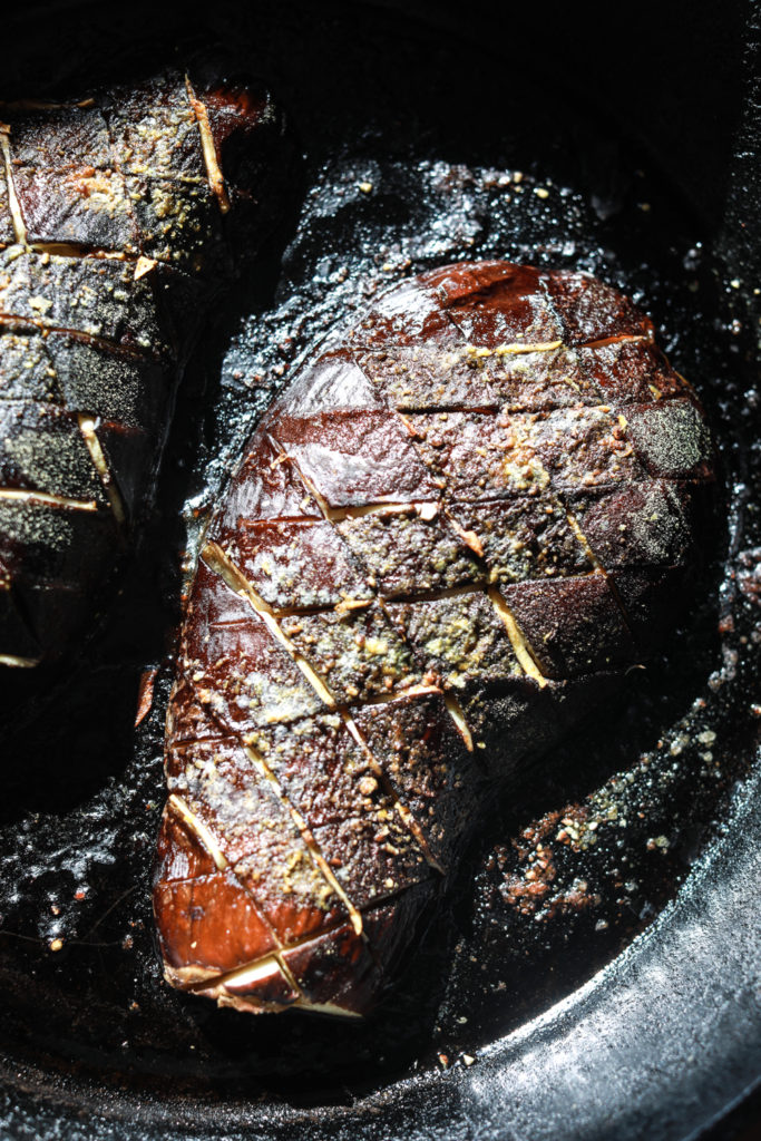 Garlic roasted eggplant close up
