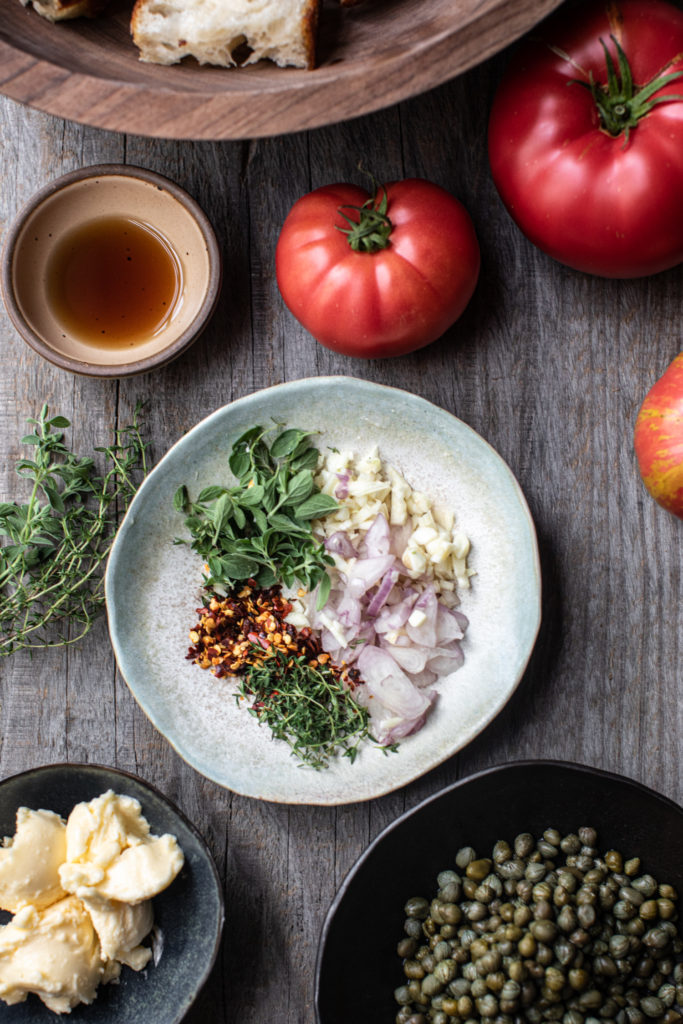 Key ingredients for fried caper panzanella