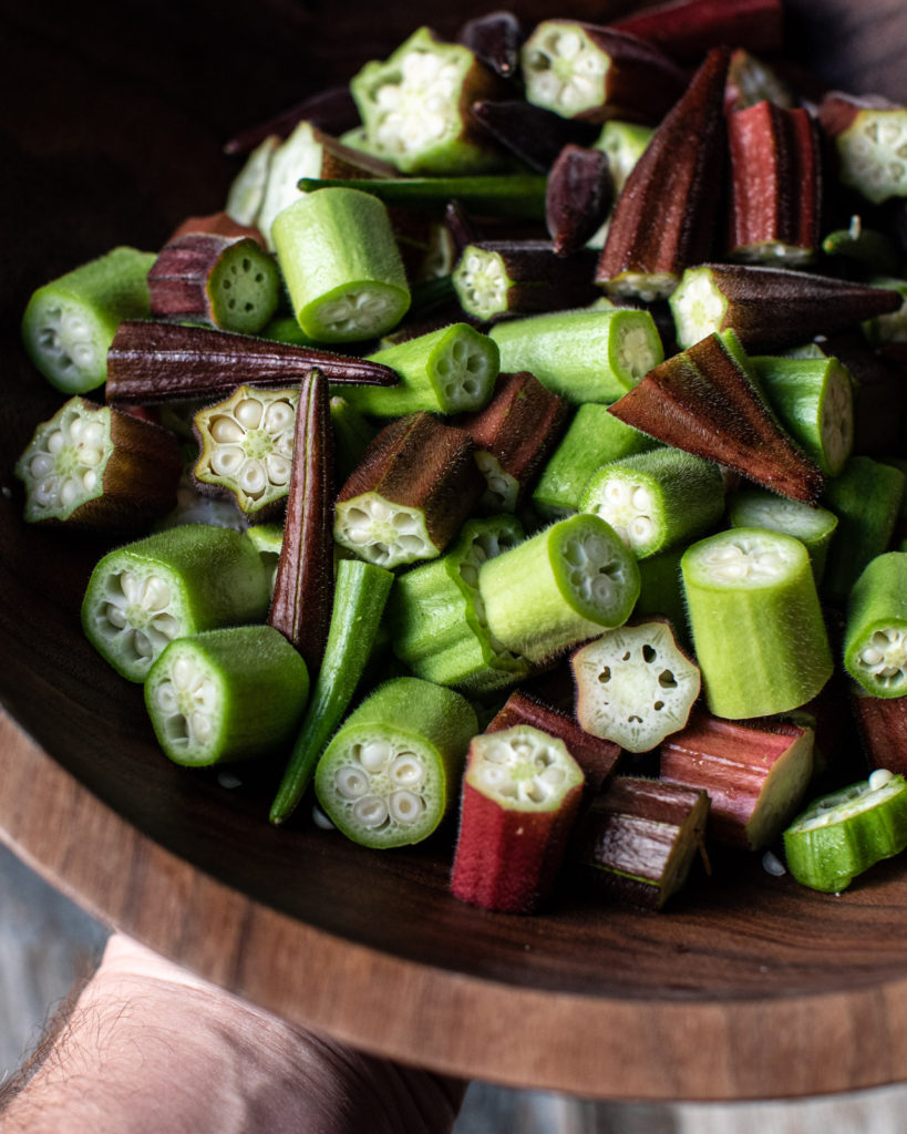 Bowl of cut okra