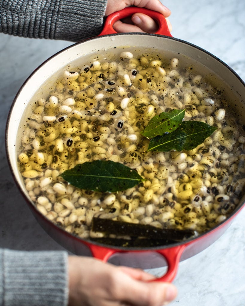 Black-eyed peas soaking in a pot