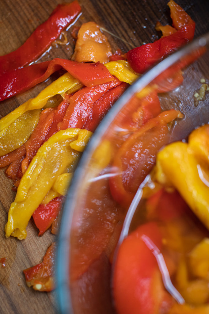 Sliced peppers for pickled roasted peppers