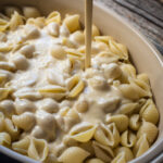 pouring of white truffle sauce over pasta shells