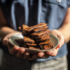 tofu bacon stacked on a plate