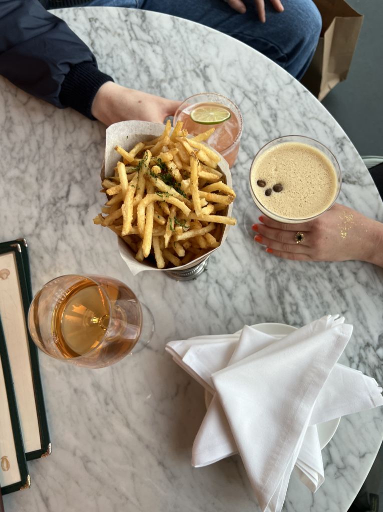 French fries and a variety of cocktails