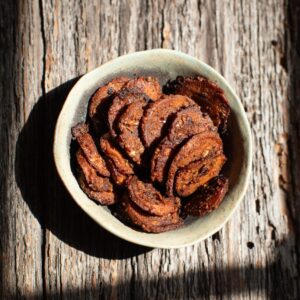 trumpet mushroom pepperoni in a bowl
