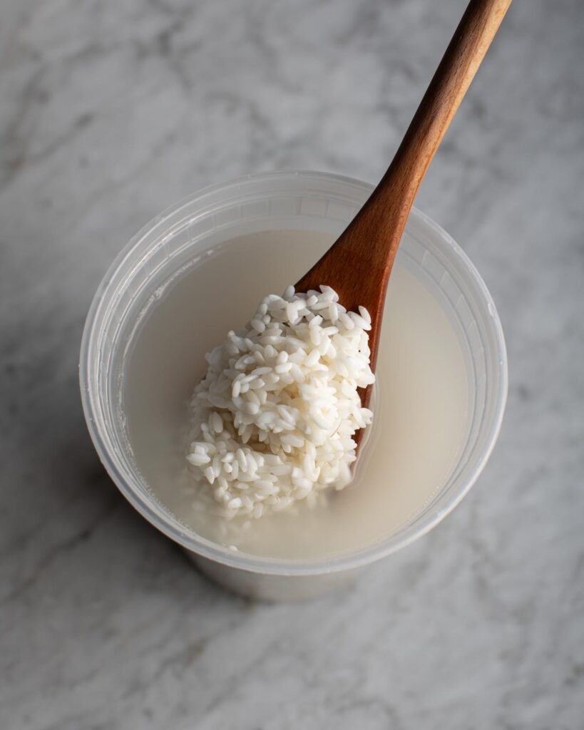 rice soaking in plastic container with a wooden spoon scooping some soaked rice