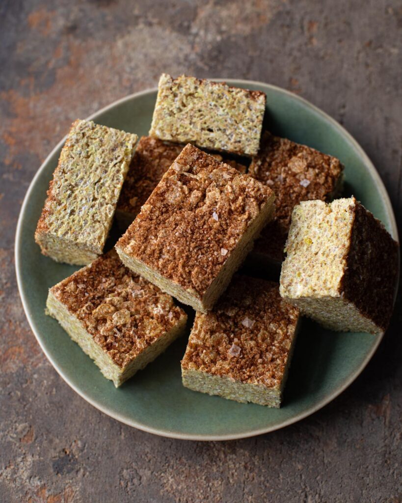 vegan pumpkin spice rice krispie treats on a plate