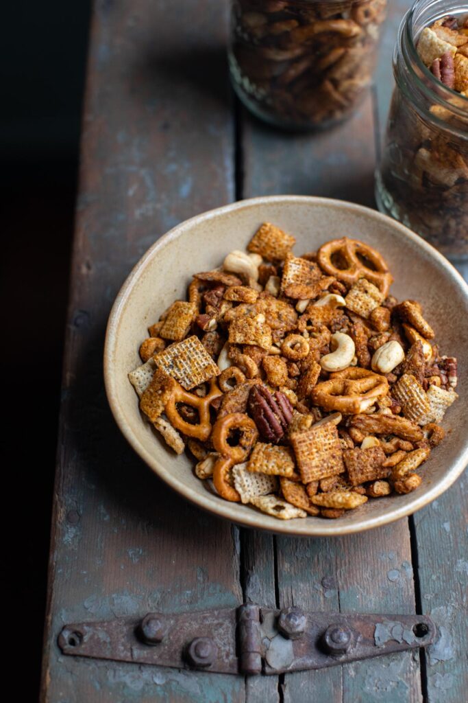 Creole chex mix in a bowl