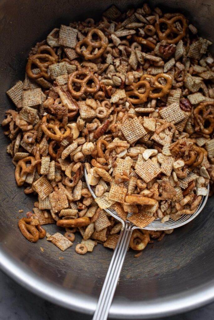 Baked creole chex mix in a bowl