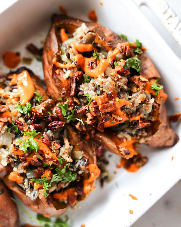 Wild rice stuffed sweet potatoes