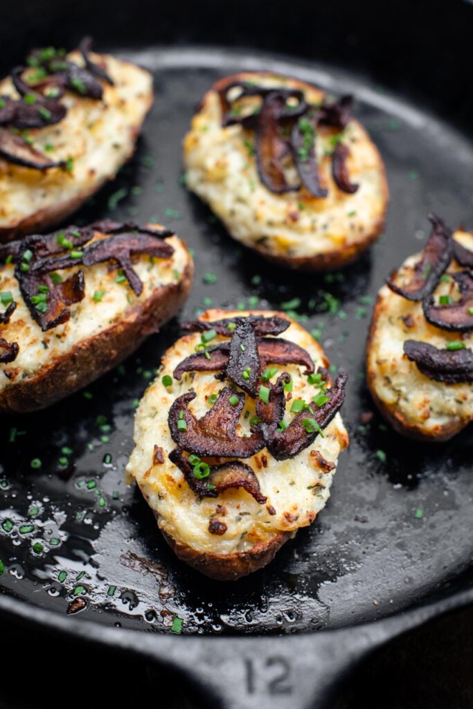 twice baked potatoes in a large skillet