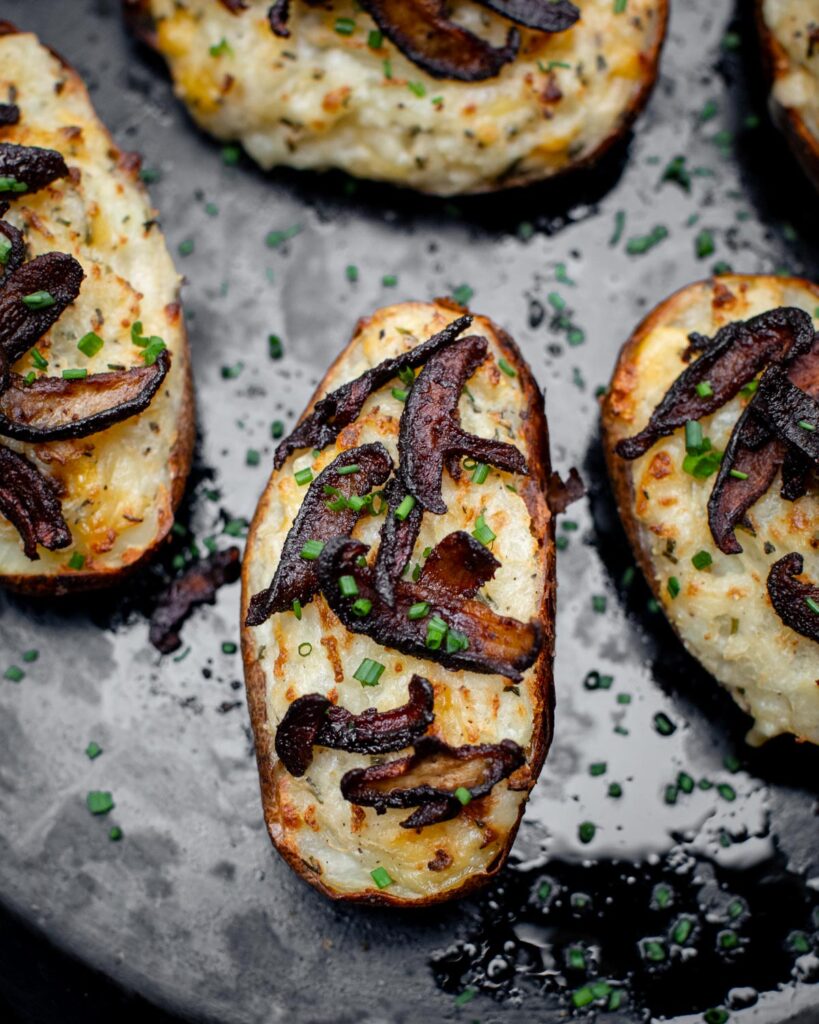 finished twice baked potatoes in a a skillet