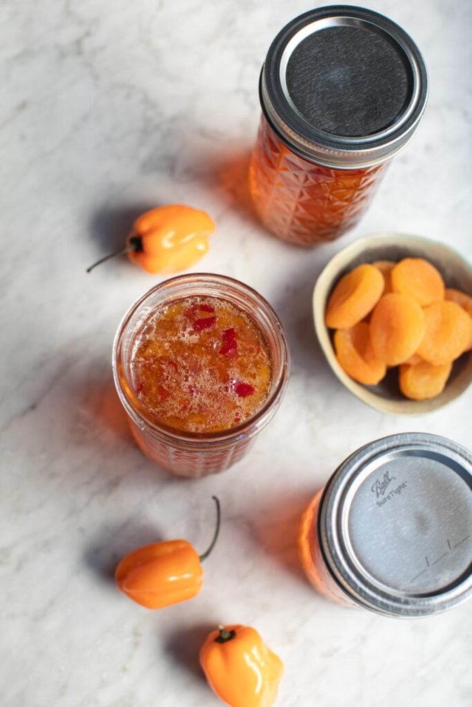 pepper jelly in tall jars with apricots and habanero peppers