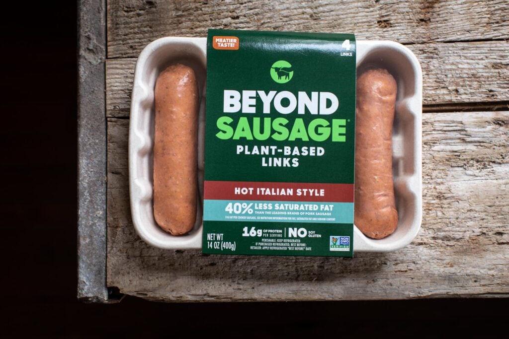 Plant-based sausage in packaging.