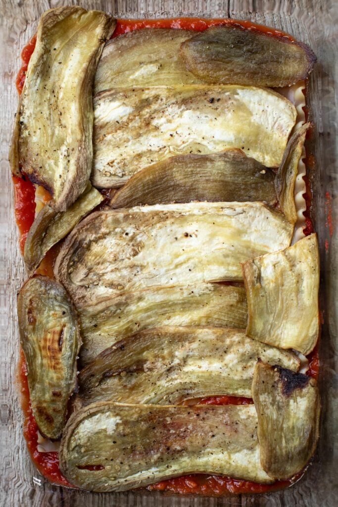 Eggplant layer in a baking dish.  