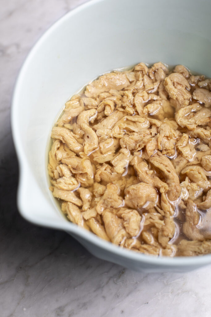 rehydrated soy curls in a bowl