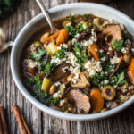 mushroom vegetable stew in a serving bowl with a spoon
