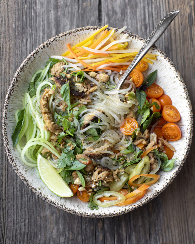 Bowl of Vermicelli Noodles and toppings - a high protein vegan meal