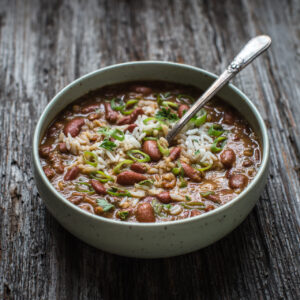 red beans and rice in a bowl with a spoon