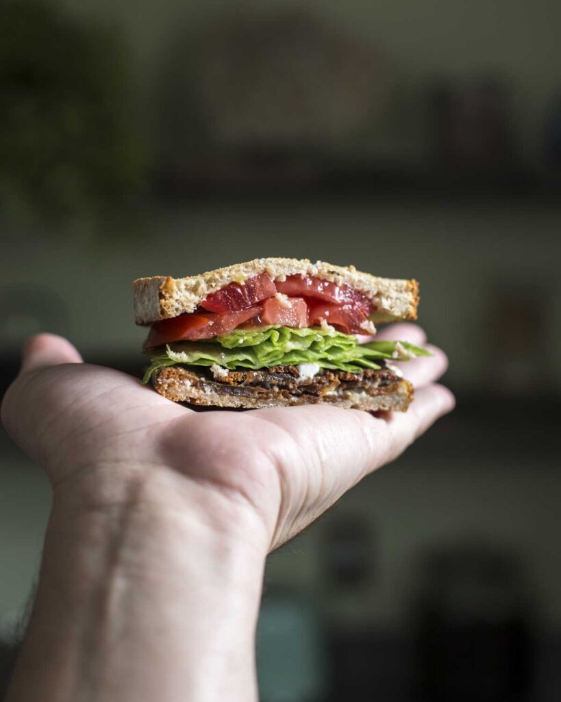 a hand holding one version of a blt 