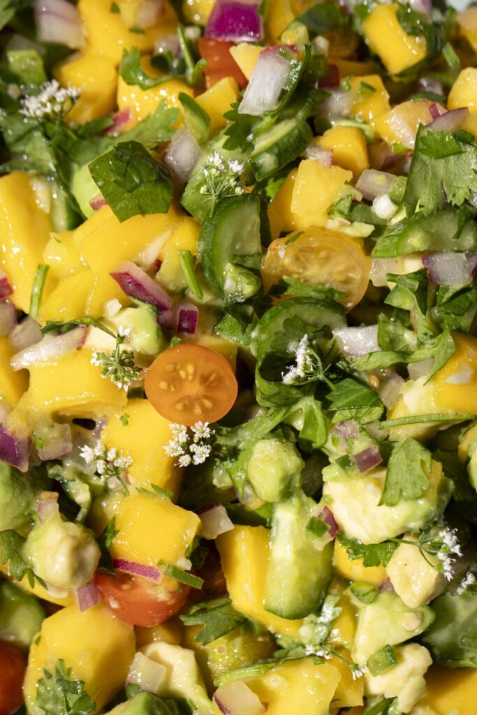 close-up shot of the final mango salsa recipe