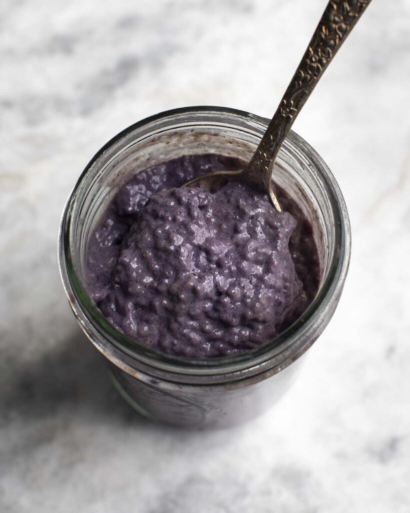 the finished berry chia pudding that has been chilled