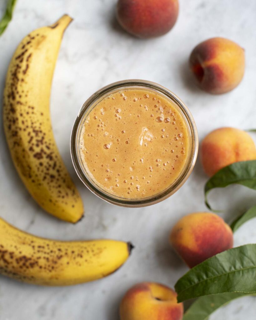overhead shot of the final peach banana smoothie