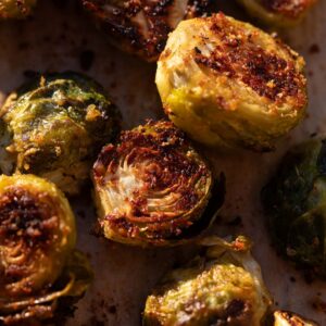 roasted brussels sprouts on a baking sheet