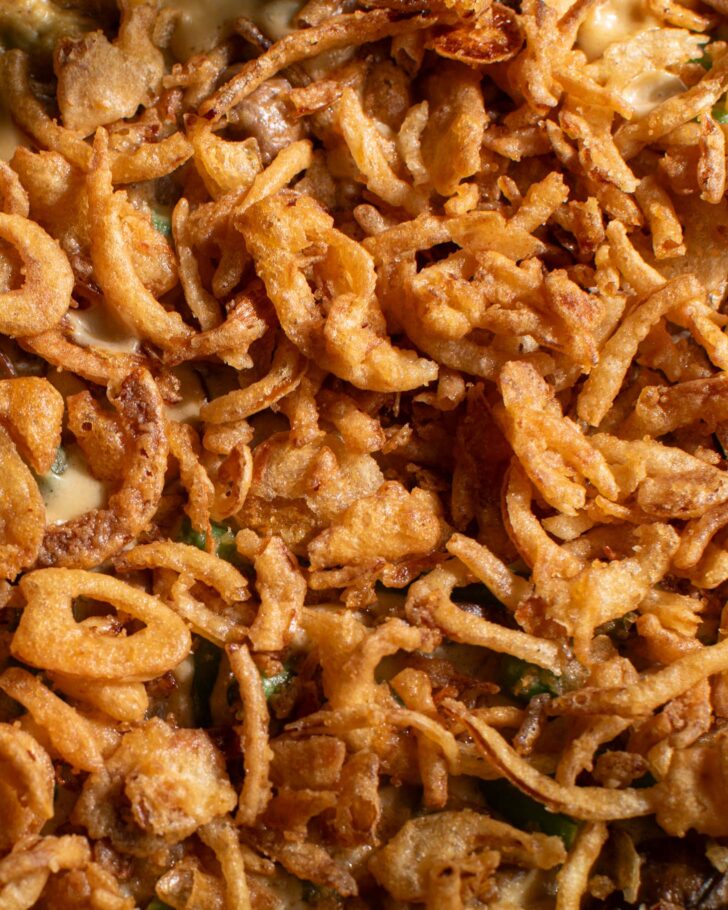 crispy onions on top of the vegan green bean casserole