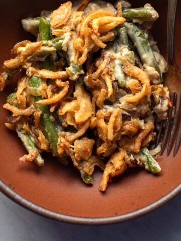 vegan green bean casserole in a bowl