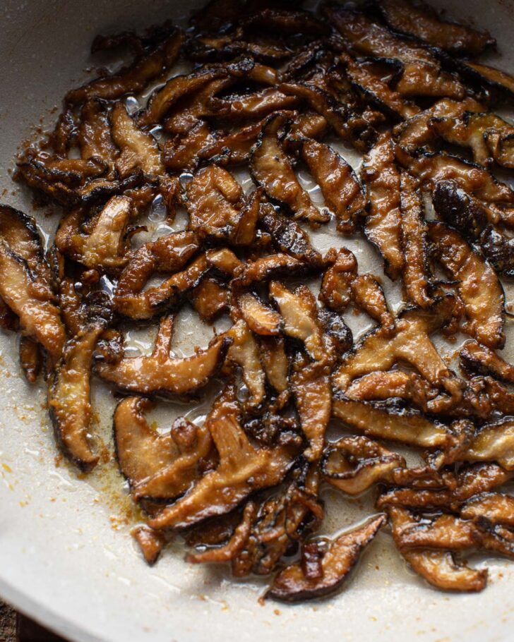 sliced shiitakes browned in oil