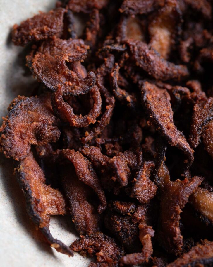 finished shiitake bacon in a bowl