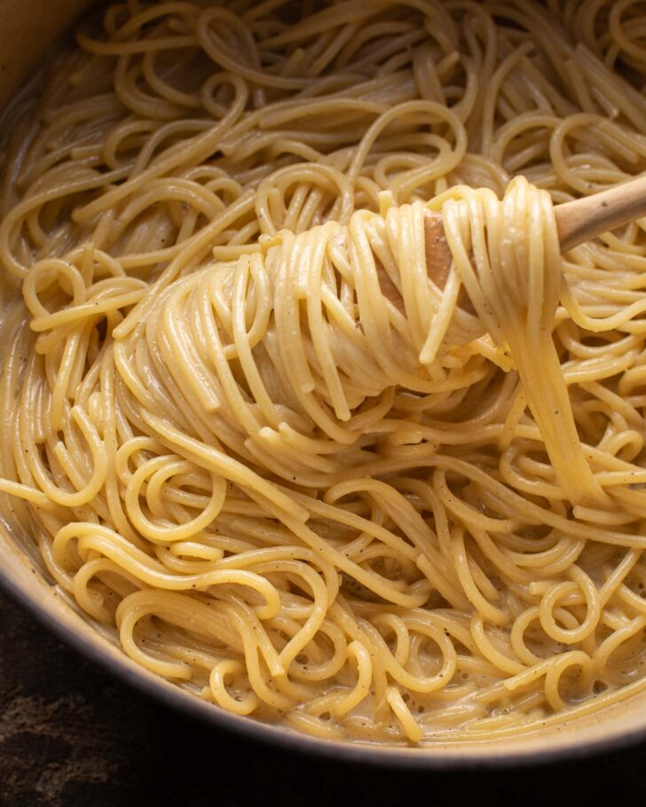 thick and creamy noodles in a pot