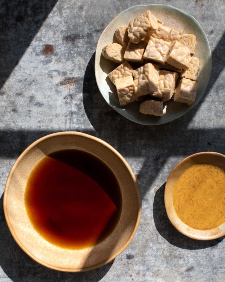 overhead view of all of the ingredients for maple mustard tempeh