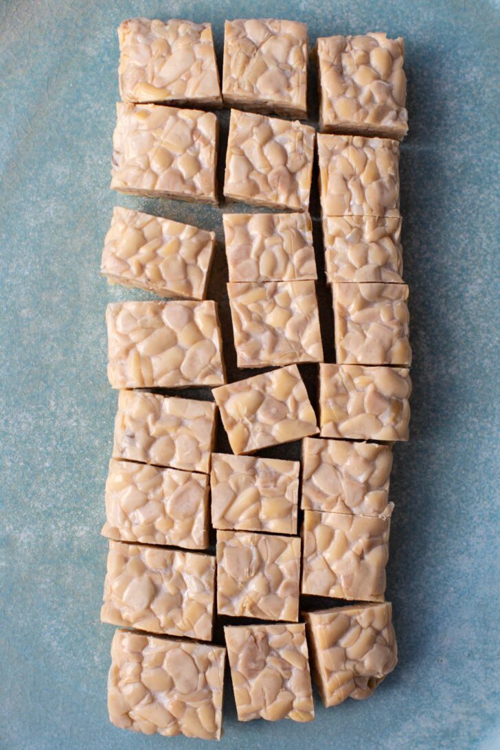block of tempeh cut into 24 pieces on a plate